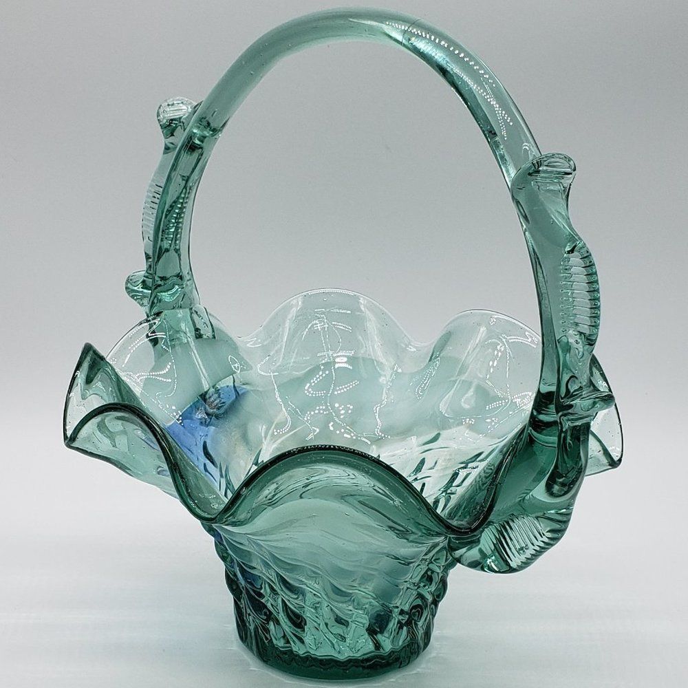 Teal White Blue Vintage Art Glass Ruffled Waffle Fruit Basket with Handle - Picture 10 of 15